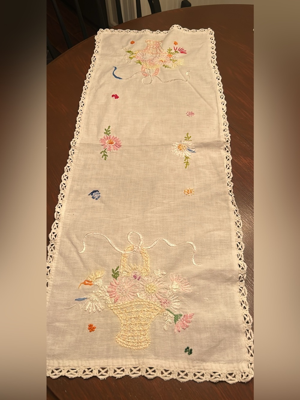 Embroidered Floral Linen Table Runner in White 14 1/2 by 36 in beautiful